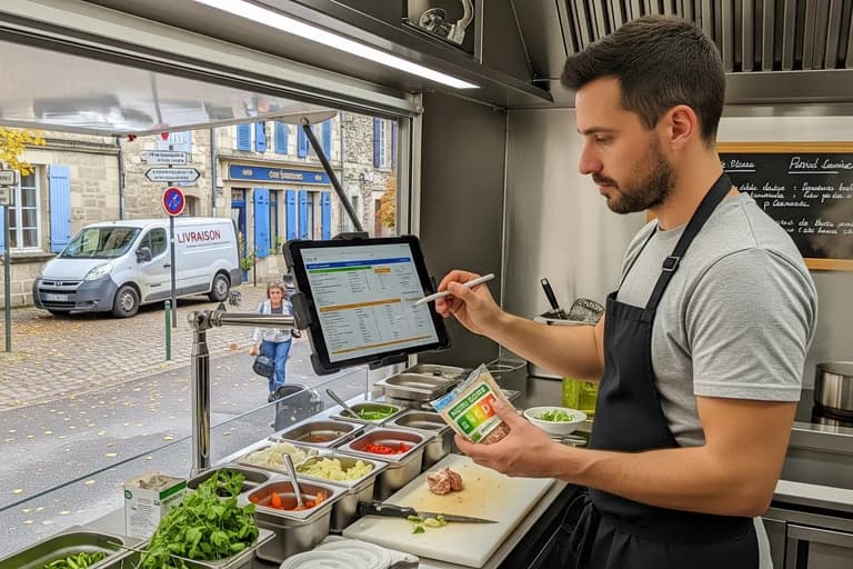 Chef en food truck moderne consultant Nutri-Score et affichage nutritionnel sur tablette, préparant des plats frais.