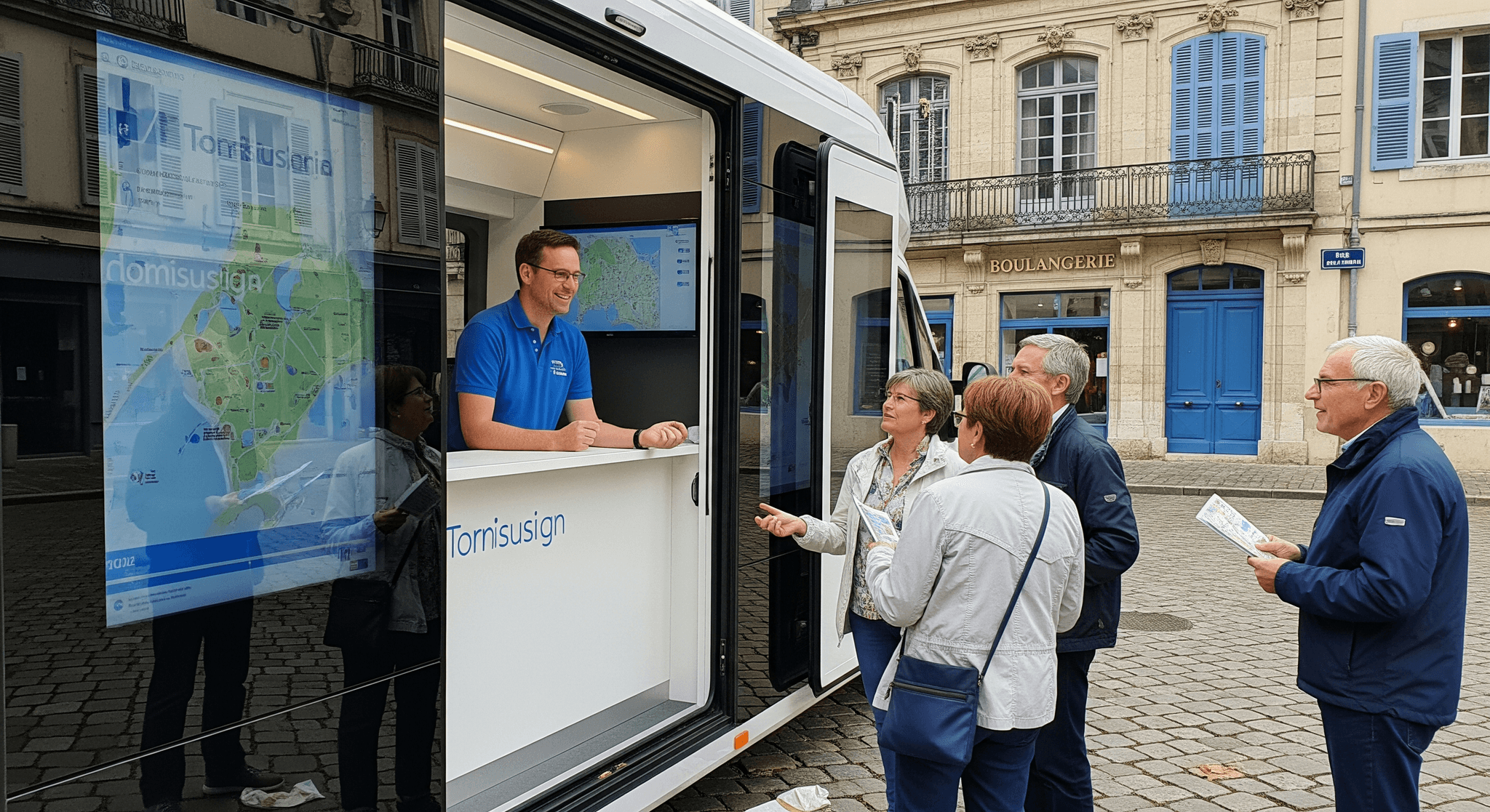 Concept mobile aménagé en office de tourisme itinérant MCR, avec agent et visiteurs dans une rue pavée d'un centre-ville.