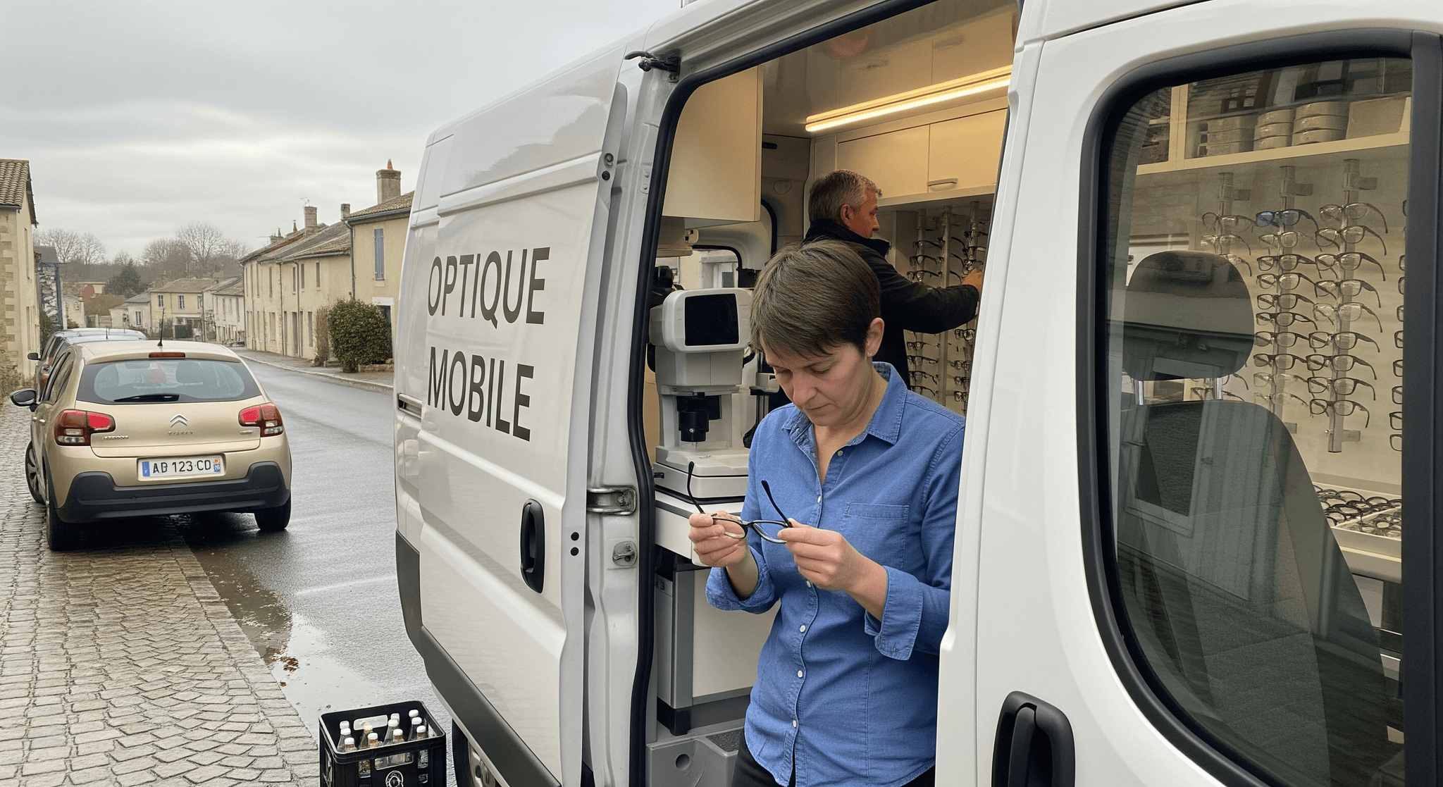 Fourgon blanc aménagé en cabinet d'optique mobile avec équipement d'examen et présentoir de montures de lunettes.