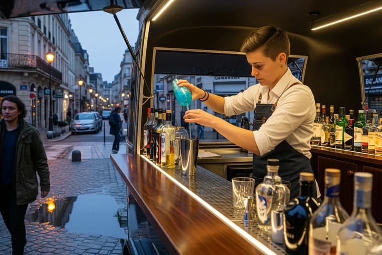 Bartender prépare cocktail dans un concept mobile bar, comptoir bois et éclairage LED, sur rue pavée en ville.