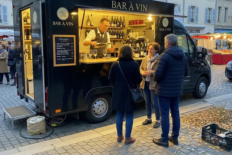 Food truck bar à vin noir Mon Camion Resto avec serveur versant du vin à des clients sur un marché événementiel animé.