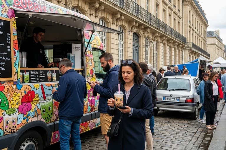 Fourgon food truck bubble tea aux motifs vifs, servant des boissons tendance à des clients en centre-ville.