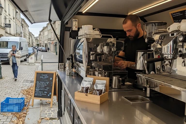 Barista prépare un café dans un food truck bar à café mobile avec équipement professionnel, machine expresso visible, sur rue pavée.