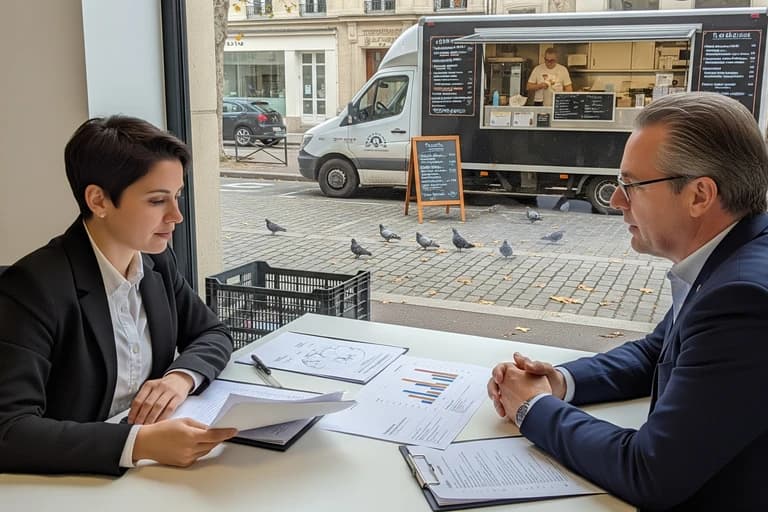 Entrepreneurs en discussion autour d'un projet, avec un food truck blanc aménagé visible en arrière-plan urbain.