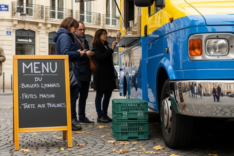 Food truck bleu et jaune stationné à Lyon, menu Burgers Lyonnais affiché sur ardoise, clients en attente.