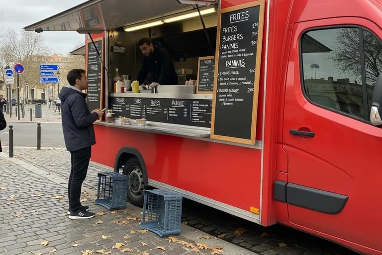 Fourgon aménagé rouge en food truck, un vendeur sert un client en milieu urbain.
