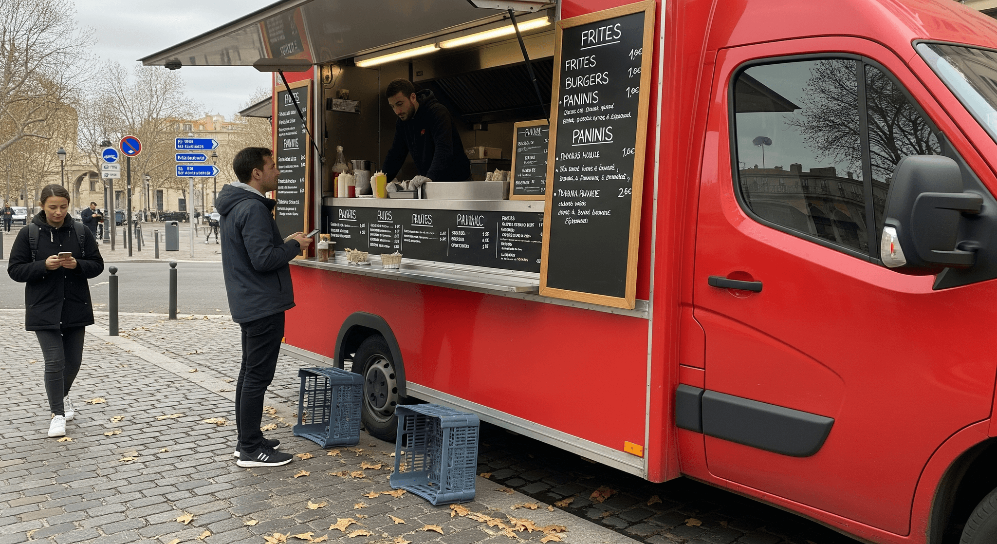 Fourgon aménagé rouge en food truck, un vendeur sert un client en milieu urbain.
