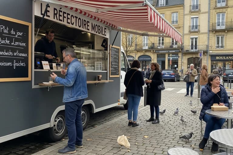 Food truck gris Le Réfectoire Mobile, aménagement cuisine, servant quiche lorraine et sandwichs artisanaux en ville.