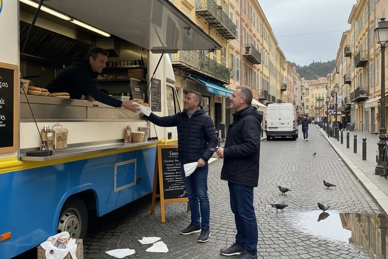 Food truck bleu et jaune servant un sandwich niçois à un client sur une rue pavée de Nice.