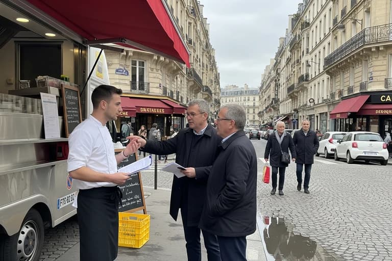 Chef présentant son food truck argenté aménagé à deux hommes, rue parisienne. Concept de restauration ambulante.