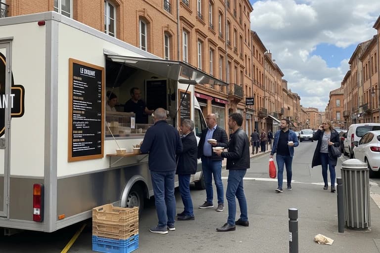 Food truck blanc 'Le Croquant' aménagé pour la restauration rapide, servant des clients dans une rue pavée typique de Toulouse.