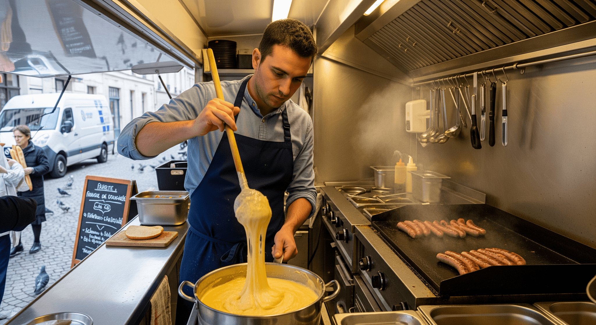 Chef remuant un aligot filant dans un food truck professionnel, avec des saucisses grillant sur la plancha. Cuisine ambulante auvergnate.