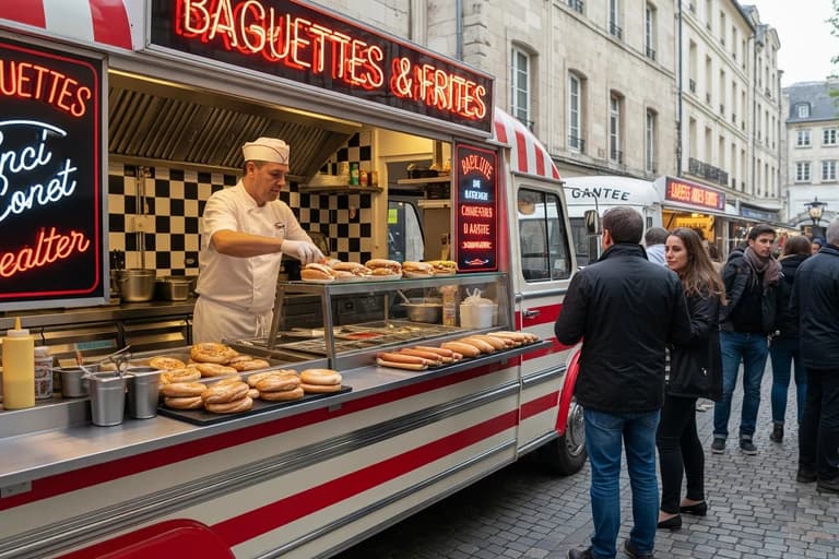 Food truck américain rouge et blanc avec un chef préparant bagels et hot-dogs. Aménagement professionnel restauration ambulante.