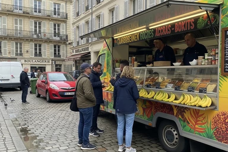 Food truck antillais coloré, concept mobile de restauration servant accras, bokits et bananes en rue.