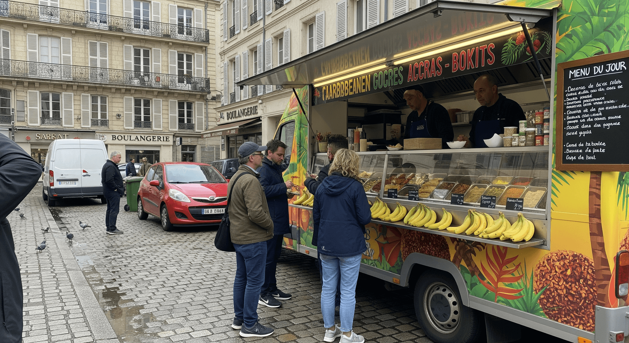 Food truck antillais coloré, concept mobile de restauration servant accras, bokits et bananes en rue.