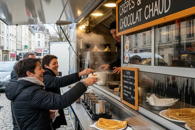 Food truck de crêpes et chocolat chaud en ville, clients souriants servis au comptoir d'un aménagement professionnel.