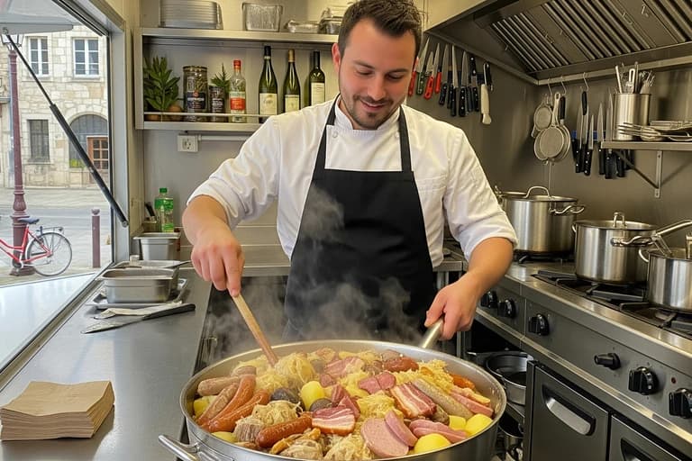 Chef souriant préparant une choucroute garnie alsacienne fumante dans la cuisine professionnelle d'un food truck aménagé.