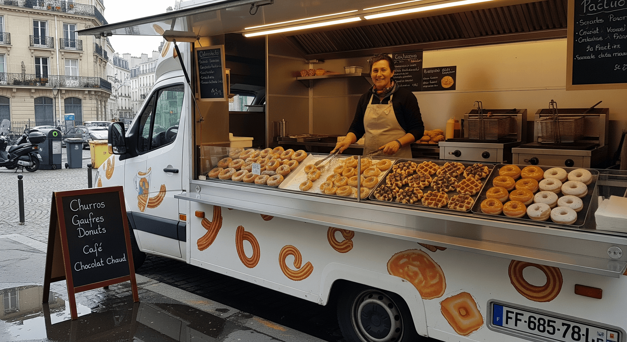 Food truck utilitaire blanc décoré de motifs sucrés, proposant churros, gaufres et donuts frais, avec vendeuse souriante.