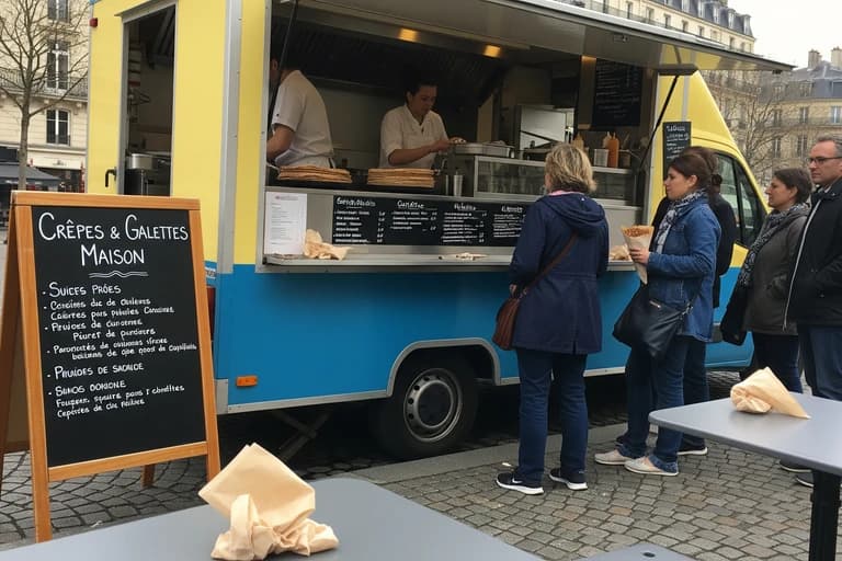 Food truck jaune et bleu, entièrement aménagé pour la vente de crêpes et galettes, en service sur une place urbaine pavée.