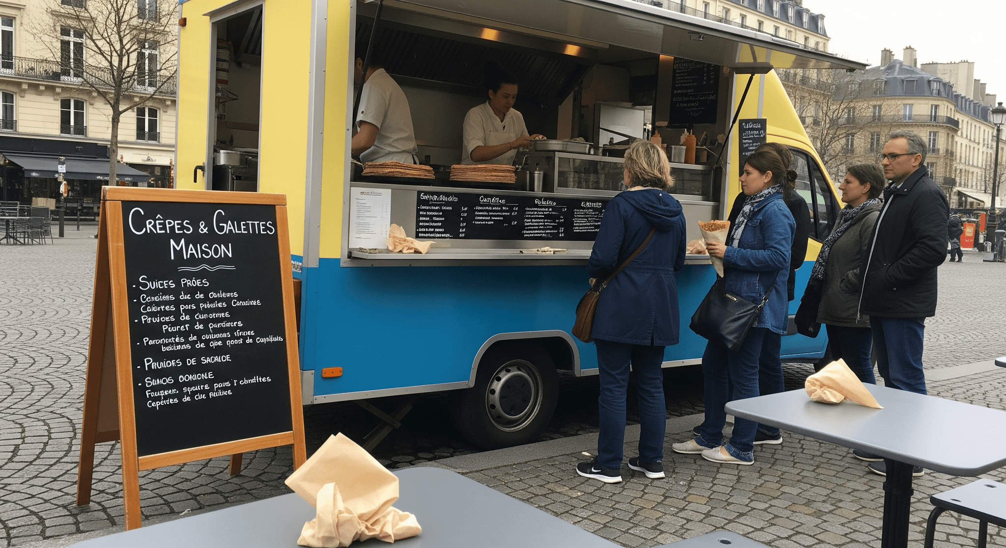 Food truck jaune et bleu, entièrement aménagé pour la vente de crêpes et galettes, en service sur une place urbaine pavée.