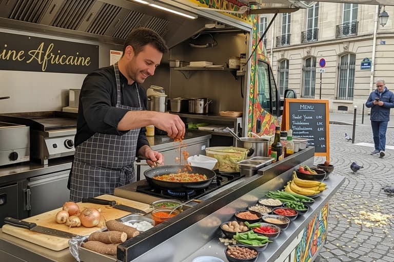Chef souriant cuisine un plat africain dans un food truck professionnel Mon Camion Resto, ingrédients frais visibles.