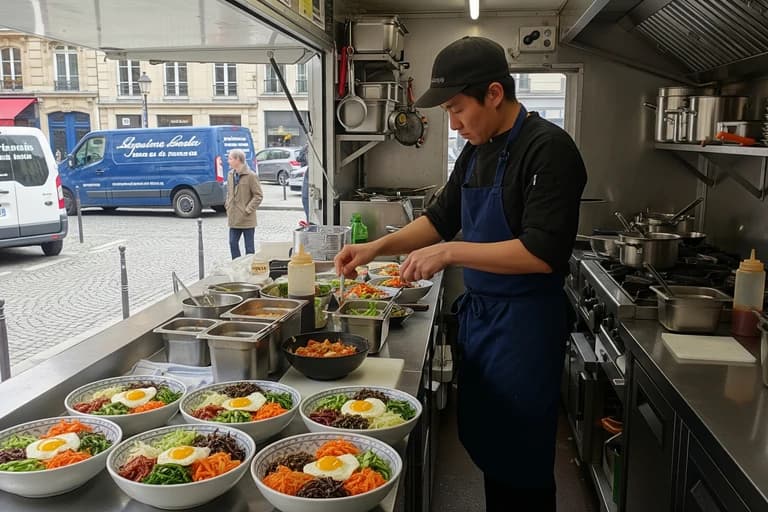 Chef asiatique préparant des bols de bibimbap dans la cuisine professionnelle en inox d'un food truck coréen.