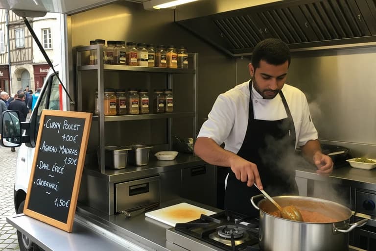 Chef cuisinier préparant un plat indien épicé dans un food truck professionnel avec équipements inox, prêt pour le service.