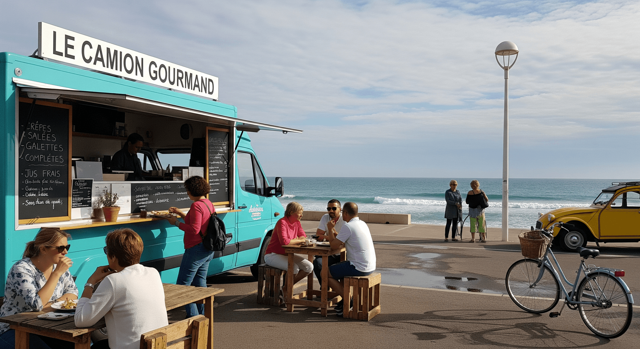 Food truck turquoise « Le Camion Gourmand » en bord de mer, des clients attablés dégustent crêpes et jus frais.