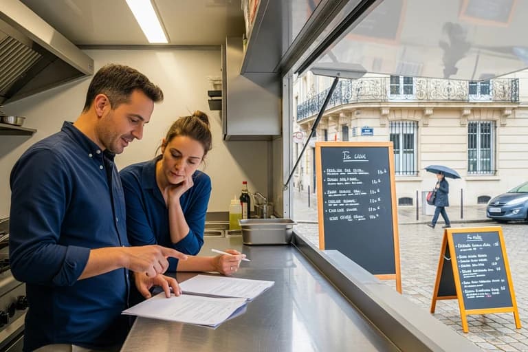 Couple de restaurateurs analysant des documents dans un food truck professionnel avec cuisine inox ouverte sur rue.