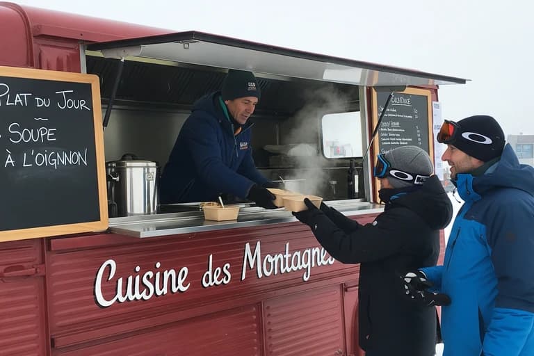 Remorque food truck rouge "Cuisine des Montagnes" sert une soupe fumante à des skieurs en station enneigée.