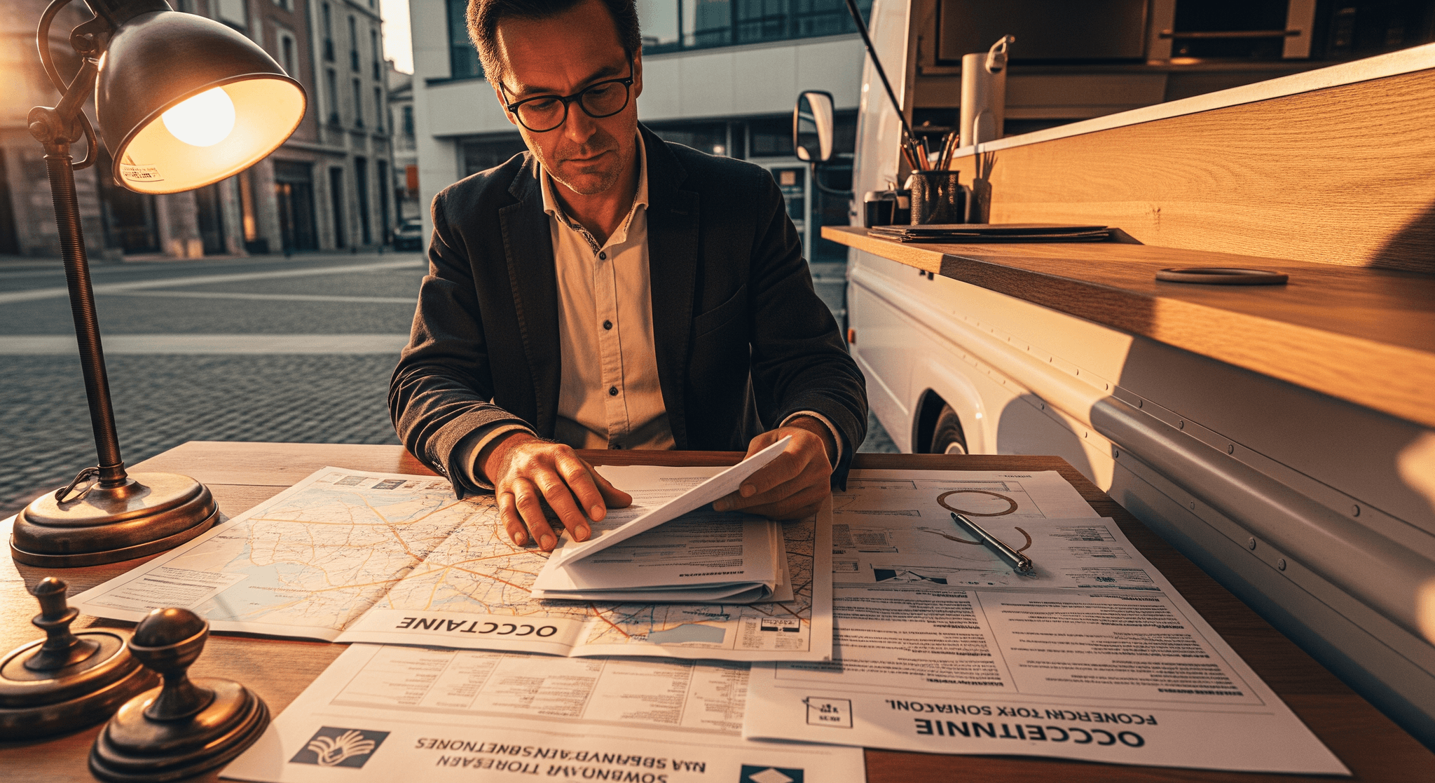 Homme d'affaires consultant une carte d'Occitanie pour projet de food truck, avec un camion aménagé en arrière-plan.