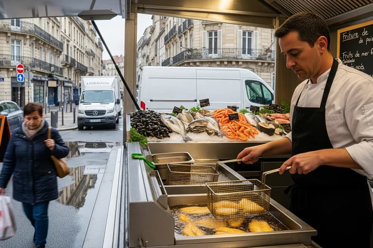 Chef cuisine du poisson frit dans un food truck spécialisé fruits de mer, étal réfrigéré visible en milieu urbain.