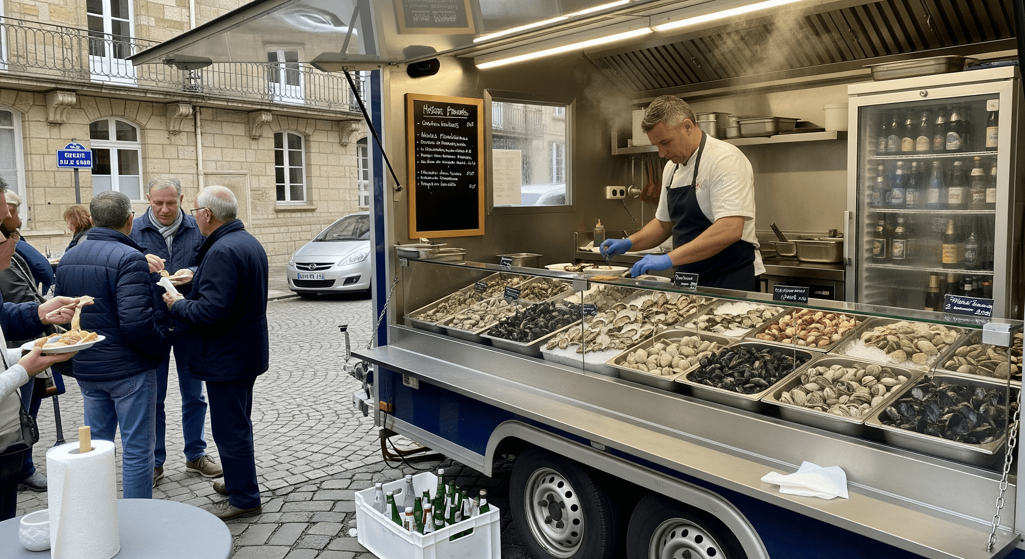Remorque food truck MCR spécialisée fruits de mer : étal huîtres, moules, coques. Un chef prépare, clients dégustent.