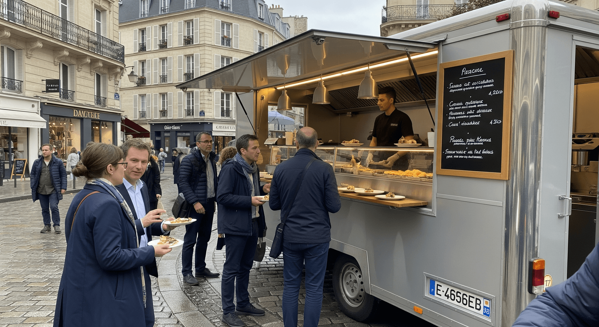 Remorque food truck argentée aménagée, chef servant des dégustations gastronomiques à des clients en centre-ville.
