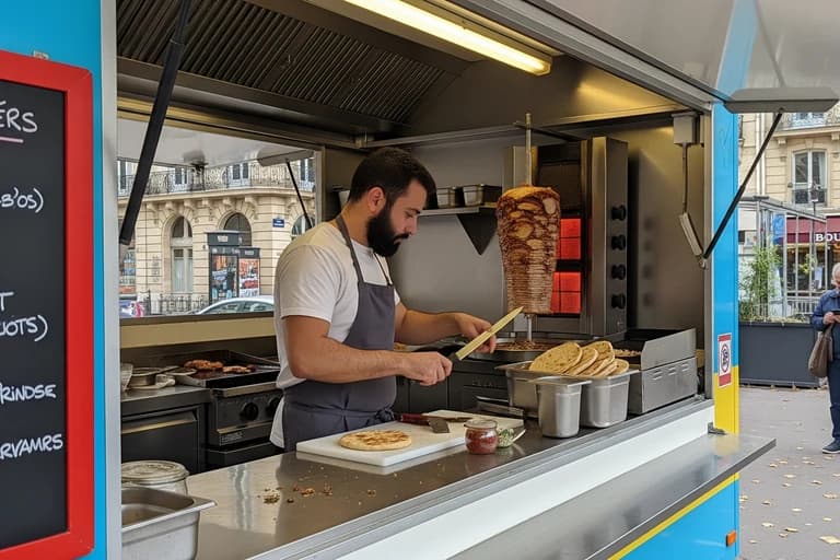 Chef découpe un gyros sur rôtissoire verticale dans un food truck grec. Préparation de pitas.
