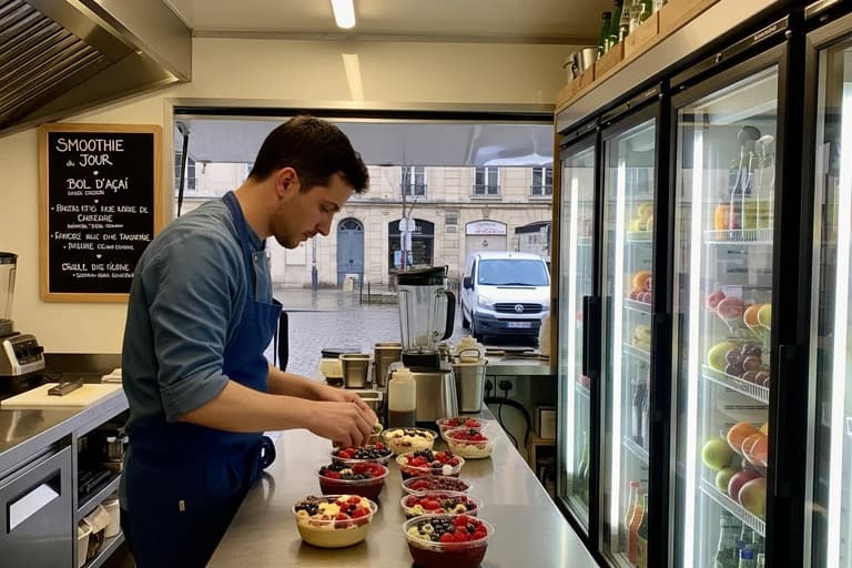 Intérieur d'un food truck healthy: chef préparant bols de fruits et smoothies sur plan de travail inox, réfrigérateurs pro.