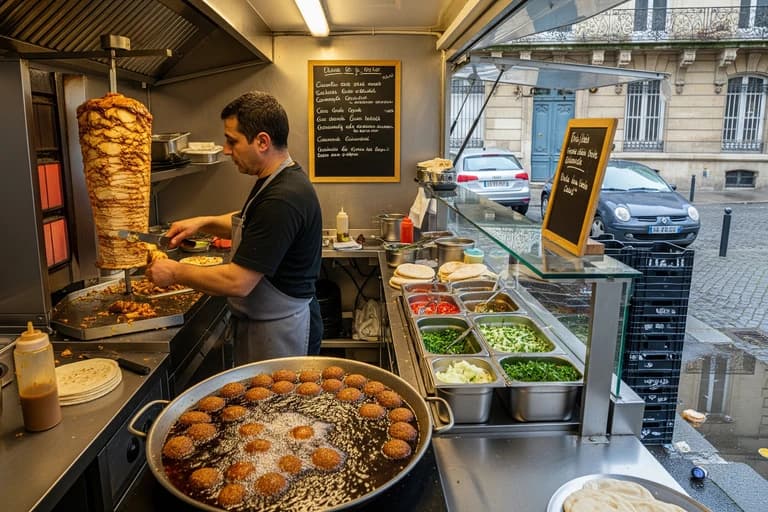 Cuisinier préparant shawarma et falafels frais dans un food truck libanais, cuisine inox professionnelle.