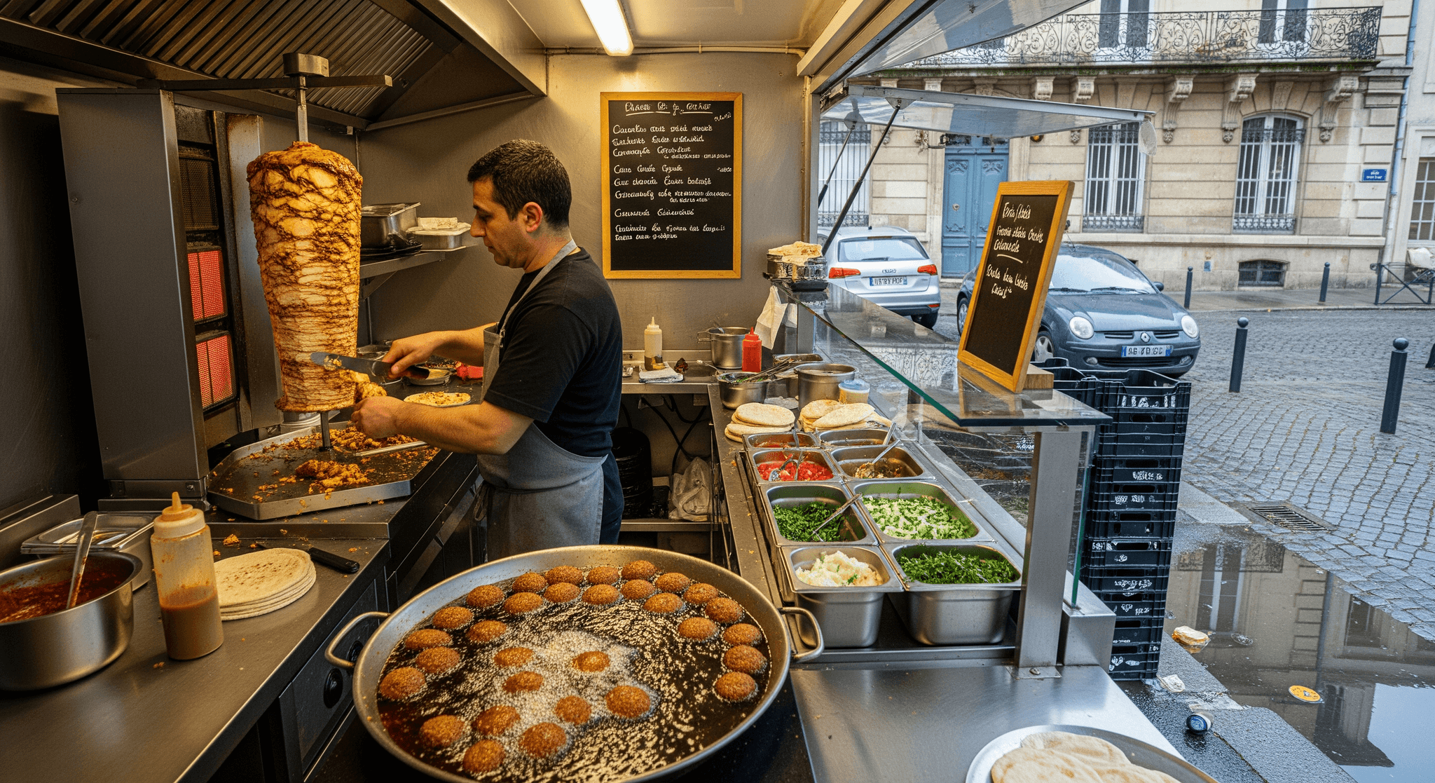 Cuisinier préparant shawarma et falafels frais dans un food truck libanais, cuisine inox professionnelle.
