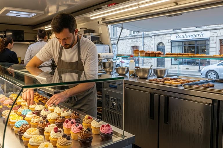 Aménagement intérieur d'un food truck pâtisserie : chef disposant des cupcakes colorés en vitrine réfrigérée.