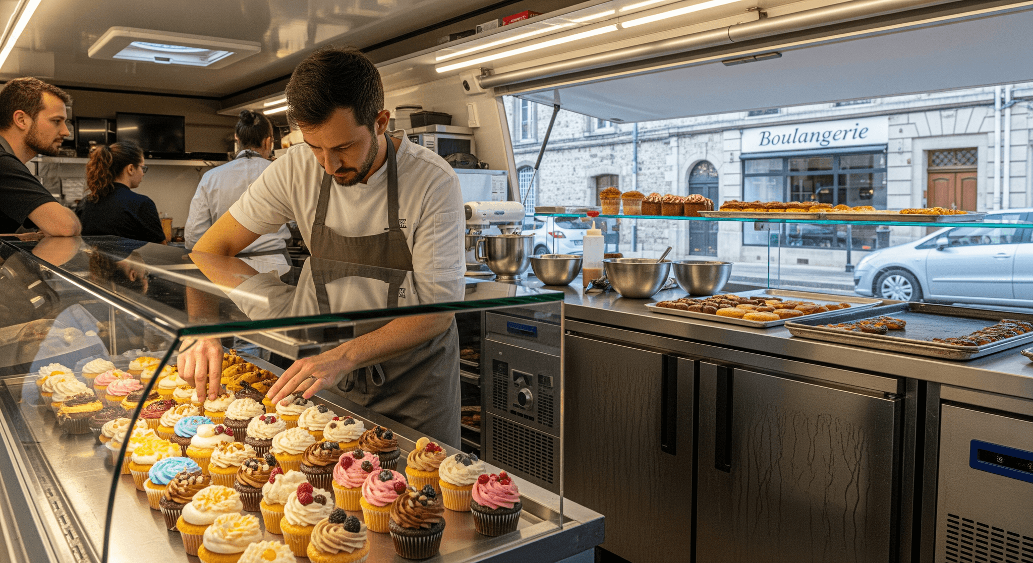Aménagement intérieur d'un food truck pâtisserie : chef disposant des cupcakes colorés en vitrine réfrigérée.