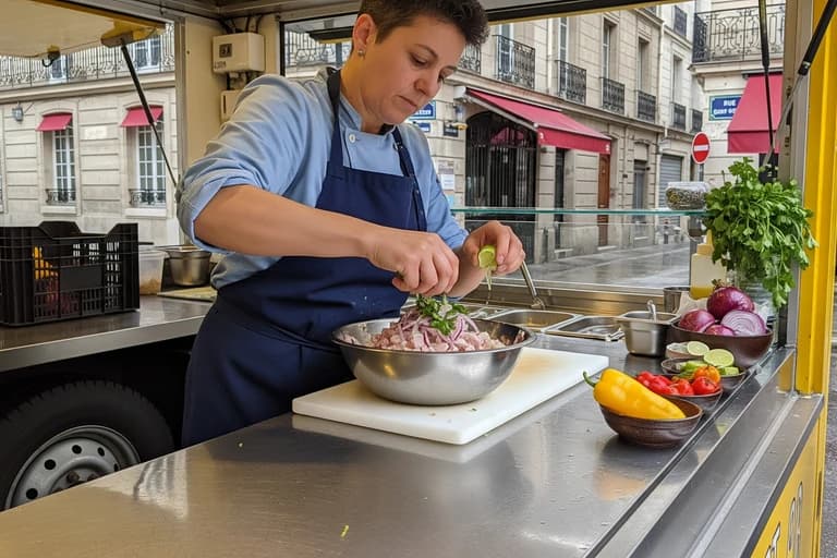 Chef préparant un ceviche péruvien dans un food truck MCR avec plan de travail en acier inoxydable, cuisine mobile.