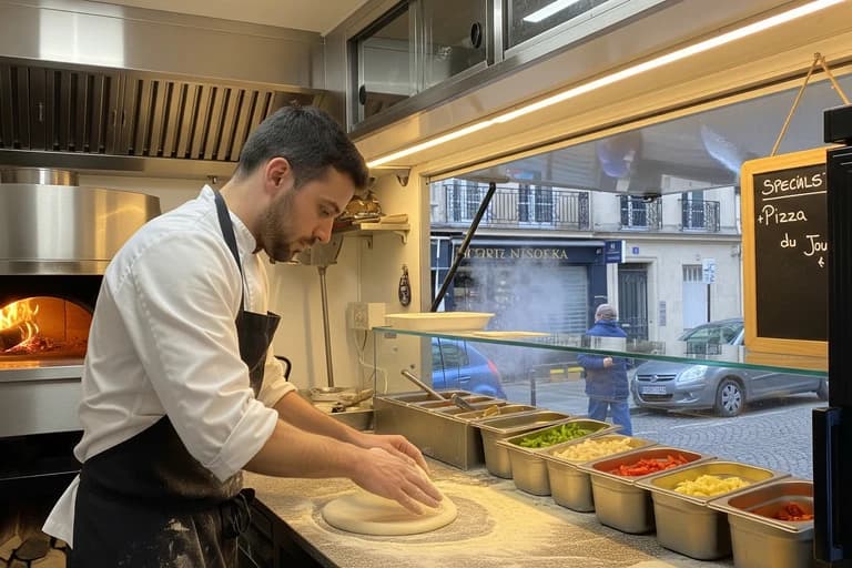 Pizzaiolo étalant la pâte dans un food truck avec four à bois, ingrédients frais et hotte professionnelle.