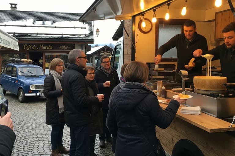 Food truck en bois servant de la raclette fondue à des clients sur un marché hivernal enneigé.