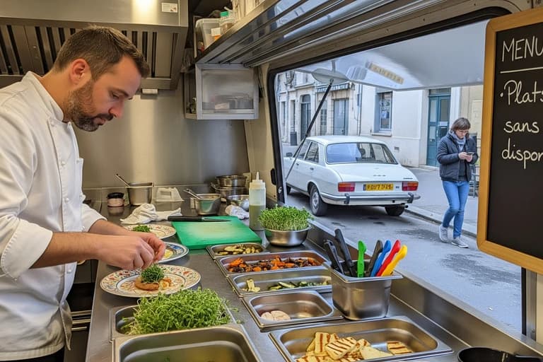 Chef prépare des plats sans gluten dans une cuisine de food truck moderne. Aménagement professionnel en inox.