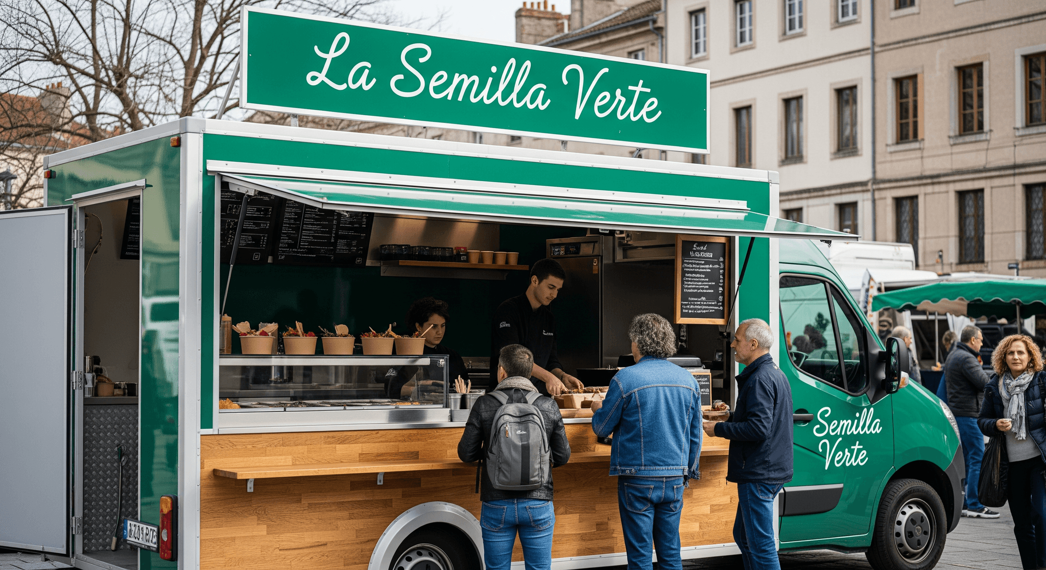 Fourgon food truck vert et bois "La Semilla Verte" pour restauration végétarienne et végane en milieu urbain.