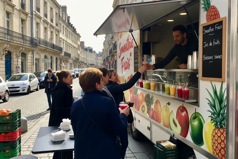 Food truck blanc, concept mobile de restauration ambulante, vend jus frais et smoothies à des clients en ville.