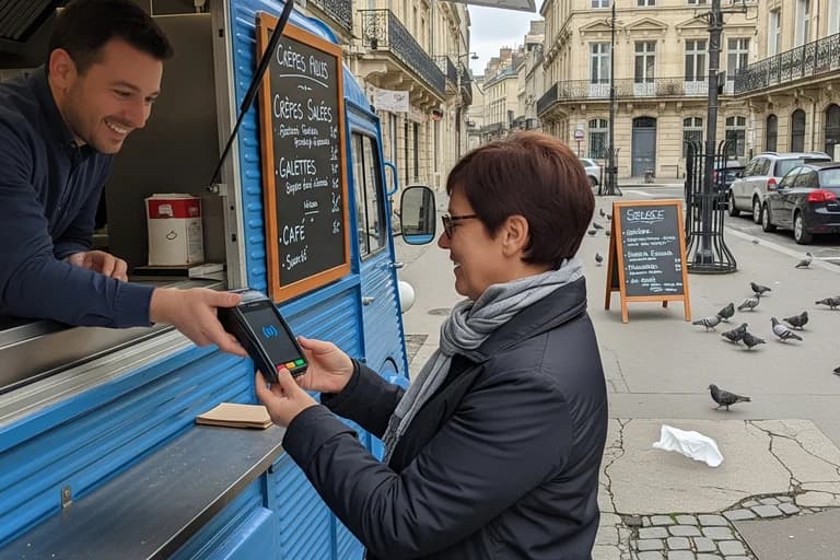 Clientèle et vendeur souriants utilisant le paiement sans contact devant un food truck crêperie bleu aménagé en milieu urbain.