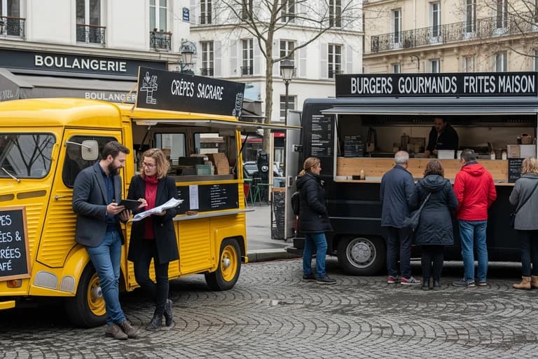 Deux food trucks, un Citroën H jaune crêpes et un van noir burgers, illustrant une flotte de restauration mobile.