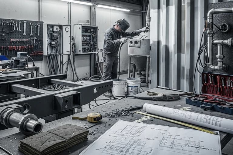 Technicien préparant un container aménagé pour traitement anticorrosion et peinture chez MCR.