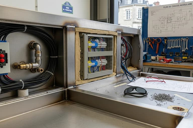 Intérieur de concept mobile en inox avec tableau électrique, câblage et plomberie en cours de fabrication chez MCR.